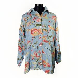 Habitat Clothes To Live In XL Top Blue Floral Button Shirt Long Sleeve Collar